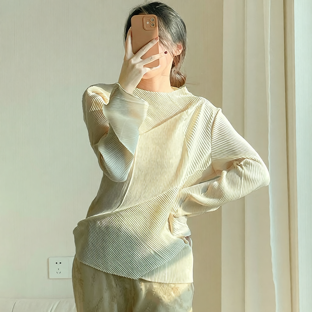 春秋女装新款褶皱上衣女长袖设计感小众长袖t恤衣高档洋气小衫薄