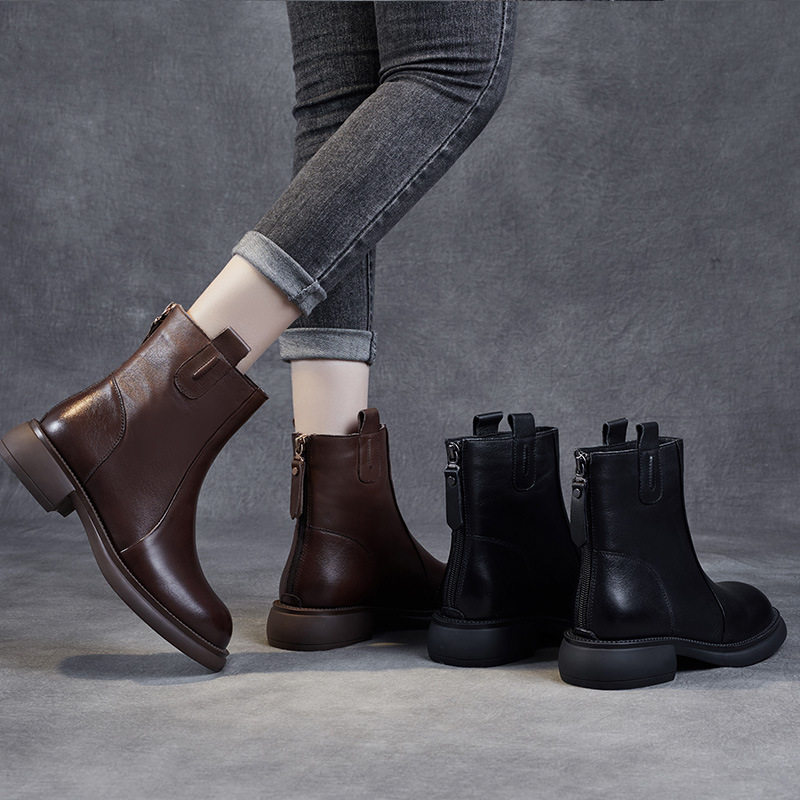 切尔西靴女 秋冬款真皮英伦短靴棕色马丁靴中筒烟筒靴子瘦瘦靴