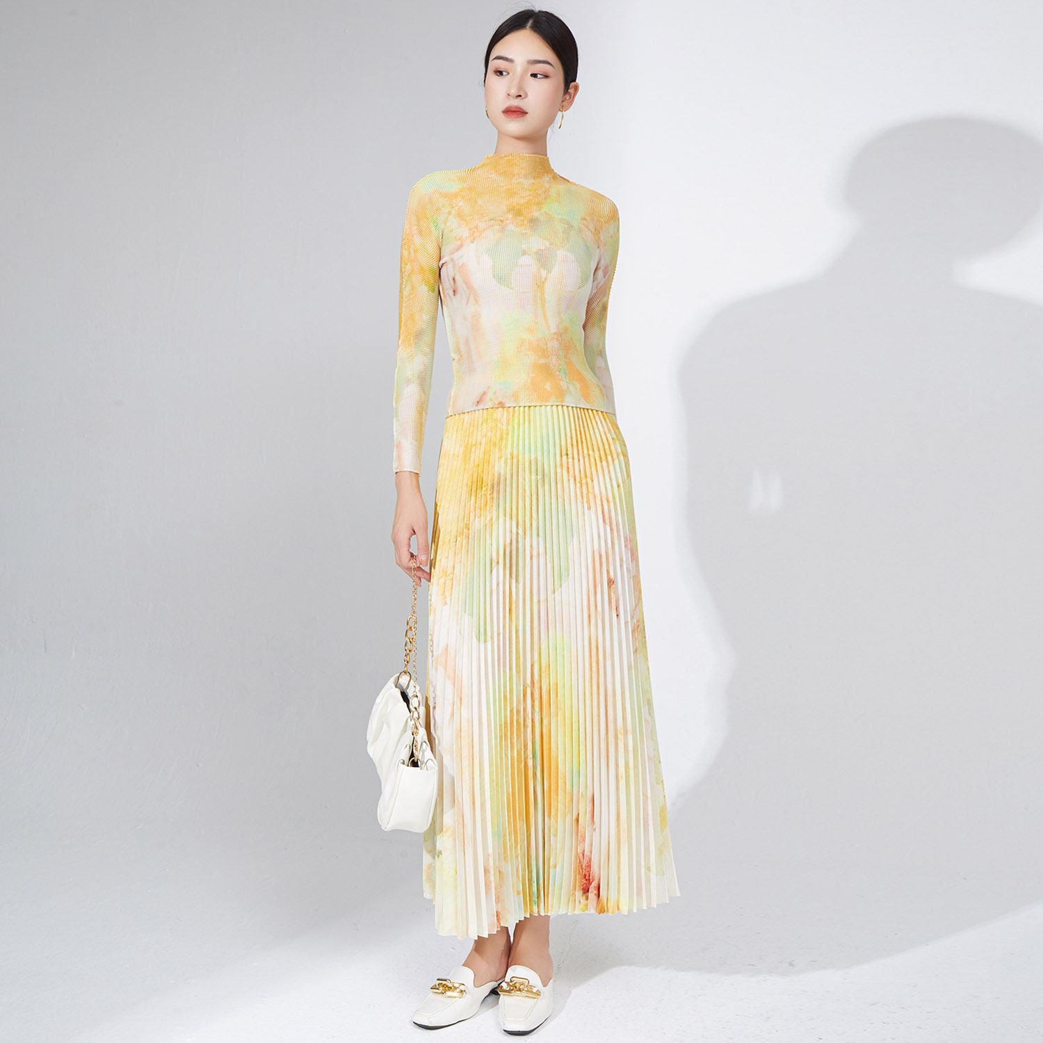 时尚褶皱套装女装印花长袖T恤上衣百褶裙长款半身裙百搭两件套潮