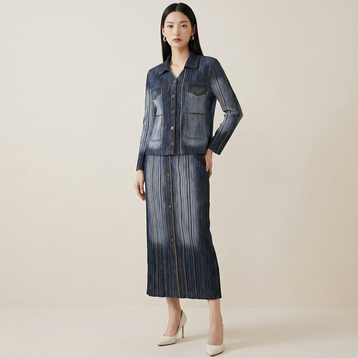牛仔套装两件套女高级感时尚复古渐变开衫外套中长款包臀裙春