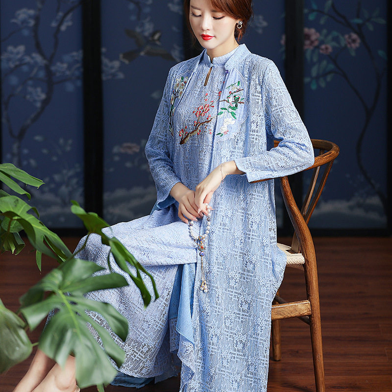 中国风刺绣女装秋季休闲文艺茶服禅服蕾丝连衣裙两件套