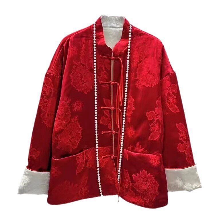 主推款 拜年服红色喜庆新中式立领宽松有口袋冬季夹棉双面外套