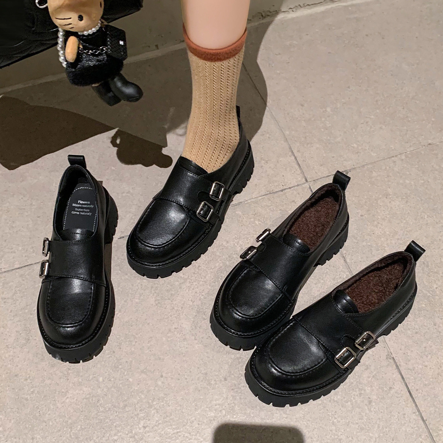 学院风双排皮带扣牛皮JK小皮鞋厚底粗中跟圆头真皮深口单鞋女