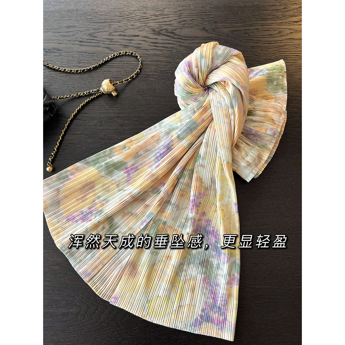 轻奢高级褶皱半身裙女油画印花百褶垂坠感开叉直筒包臀裙半裙