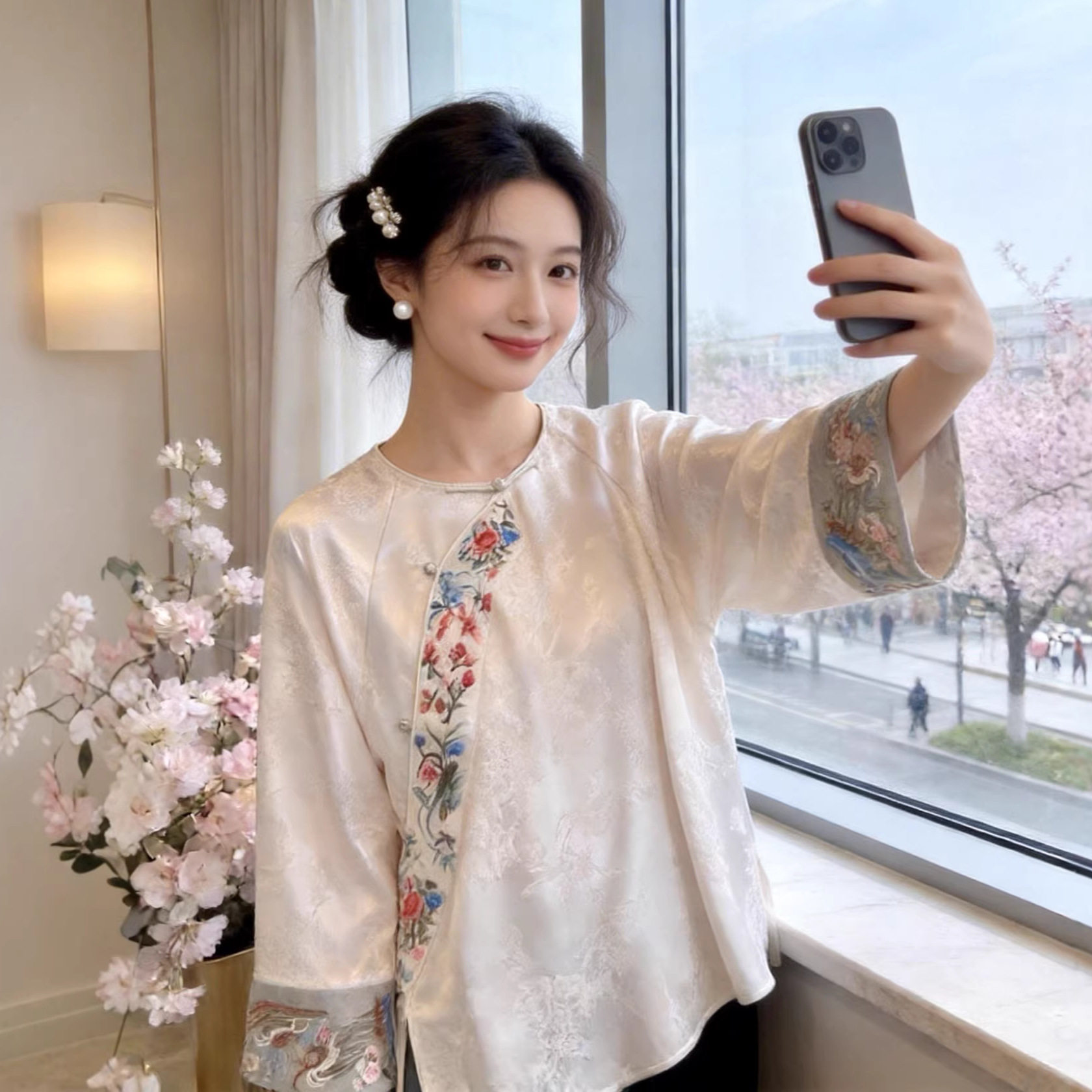 高端女装新中式人丝提花上衣春季中袖斜襟刺绣唐装T恤打底衫