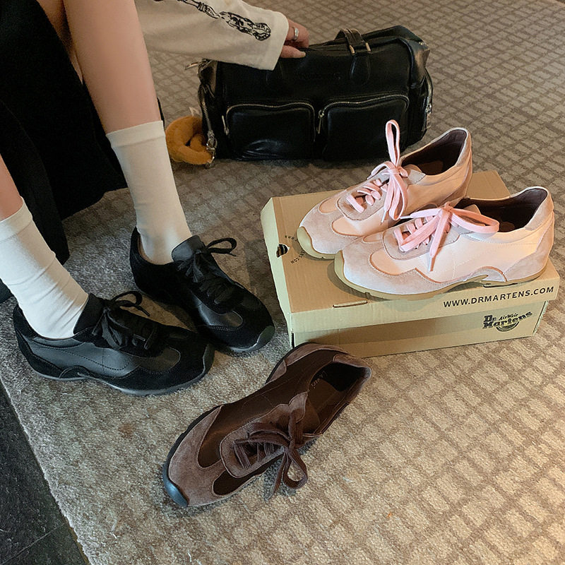 巨好穿时髦女孩~内增高拼色德训鞋春季中跟圆头真皮休闲单鞋