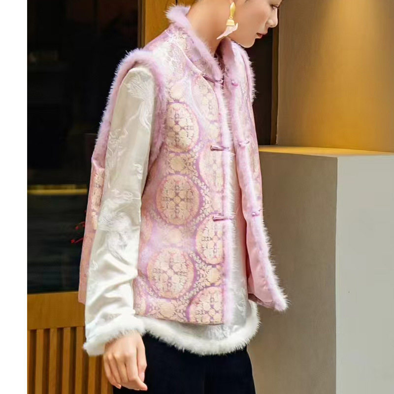 冬季紫色新中式真丝织锦缎水貂毛加棉马甲坎肩棉服外套