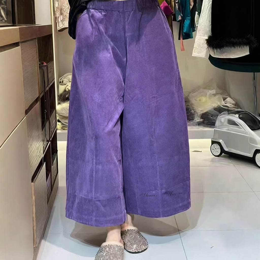 真丝灯芯绒直筒九分裤深圳女裤秋季复古大裤脚阔腿裤哪吒裤