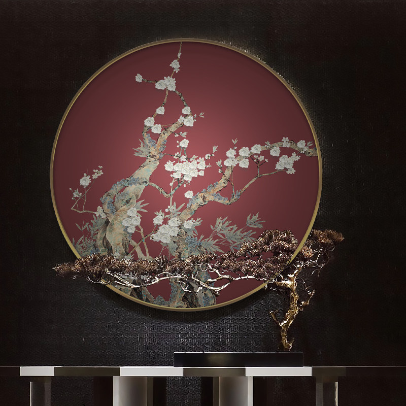 新中式圆形装饰画客厅玄关沙发背景墙桃花挂画样板房轻奢立体壁画