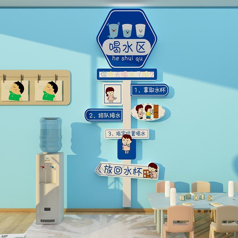 幼儿园喝水图读书区阅读角布置绘本馆墙面装饰环创托管班文化墙贴