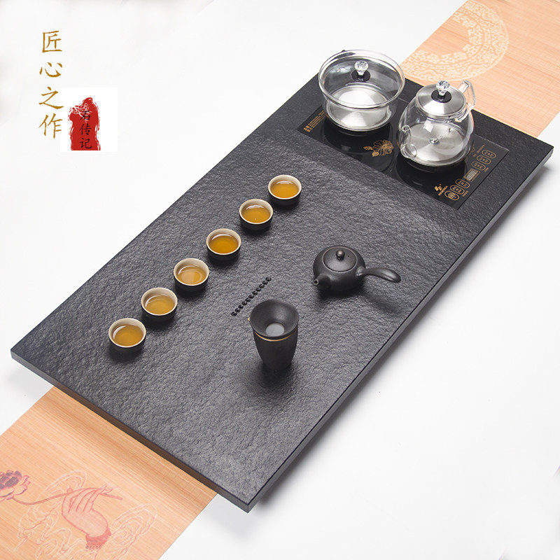 天然乌金石茶盘全自动电磁炉一体套装整块黑金石茶海底部上水茶台