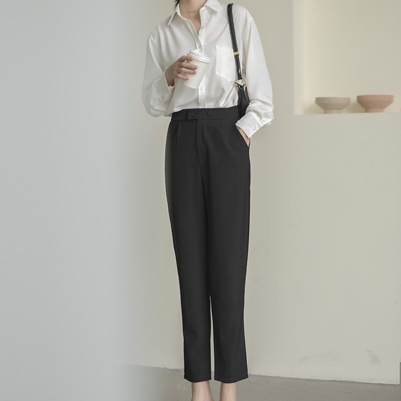 西装裤女春装大码小个子女裤显瘦九分高腰垂感直筒宽松休闲烟管裤