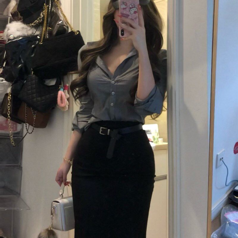 荔桃想睡觉ya 办公室海妖~职业收腰衬衫包臀裙开叉性感显瘦套装