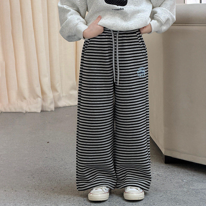 女童韩版条纹加绒休闲裤中大儿童阔腿裤秋冬加厚百搭直筒运动裤子