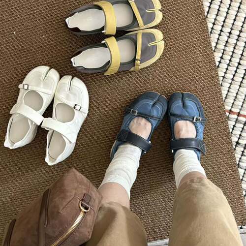 H55女鞋夏季新款韩系ins风透气休闲复古软底搭扣拼色分趾玛丽珍鞋