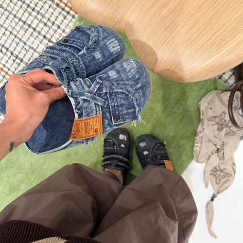 H55女鞋早秋新款牛仔做旧风小众高级感休闲百搭日常博肯拖鞋