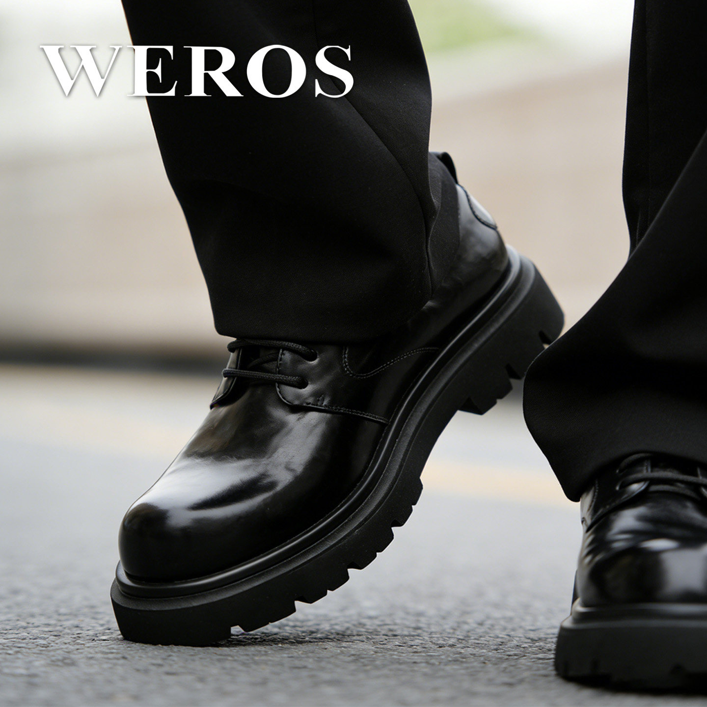 WEROS厚底圆头德比鞋大头鞋增高5cm黑色耐磨英伦风系带低帮男鞋