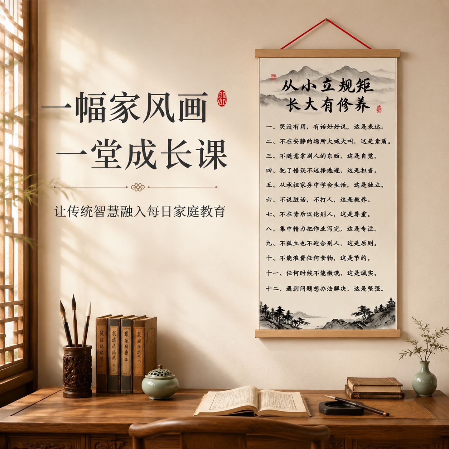 从小立规矩长大有修养家训家规挂画客厅玄关装饰挂图书房书法字画