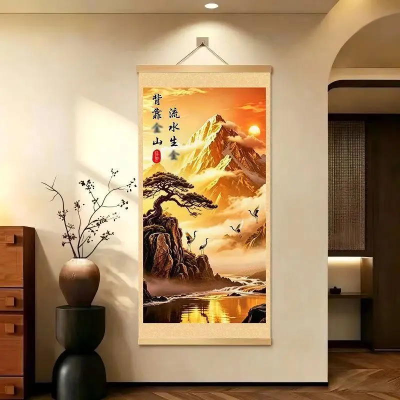 背靠金山挂画客厅玄关背景墙中堂装饰挂图走廊办公室卷轴山水画