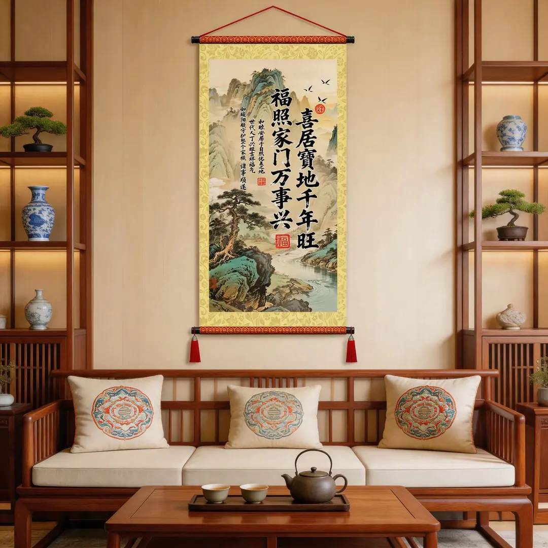 新喜居宝地千年旺挂画新中式客厅玄关背景装饰挂图办公室书法字画