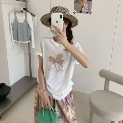 苏珊韩系小马印花宽松短袖T恤女
