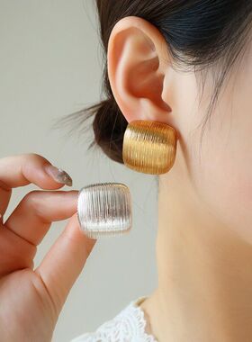 秋冬新潮缚光潺丝方形耳钉女轻奢小众设计高级感气质百搭款耳饰