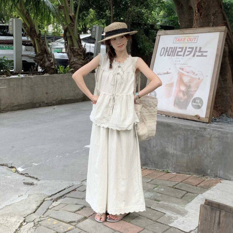 苏珊SUSAN 2026夏季新款气质后背系带娃娃衫上衣＋阔腿裤套装816H