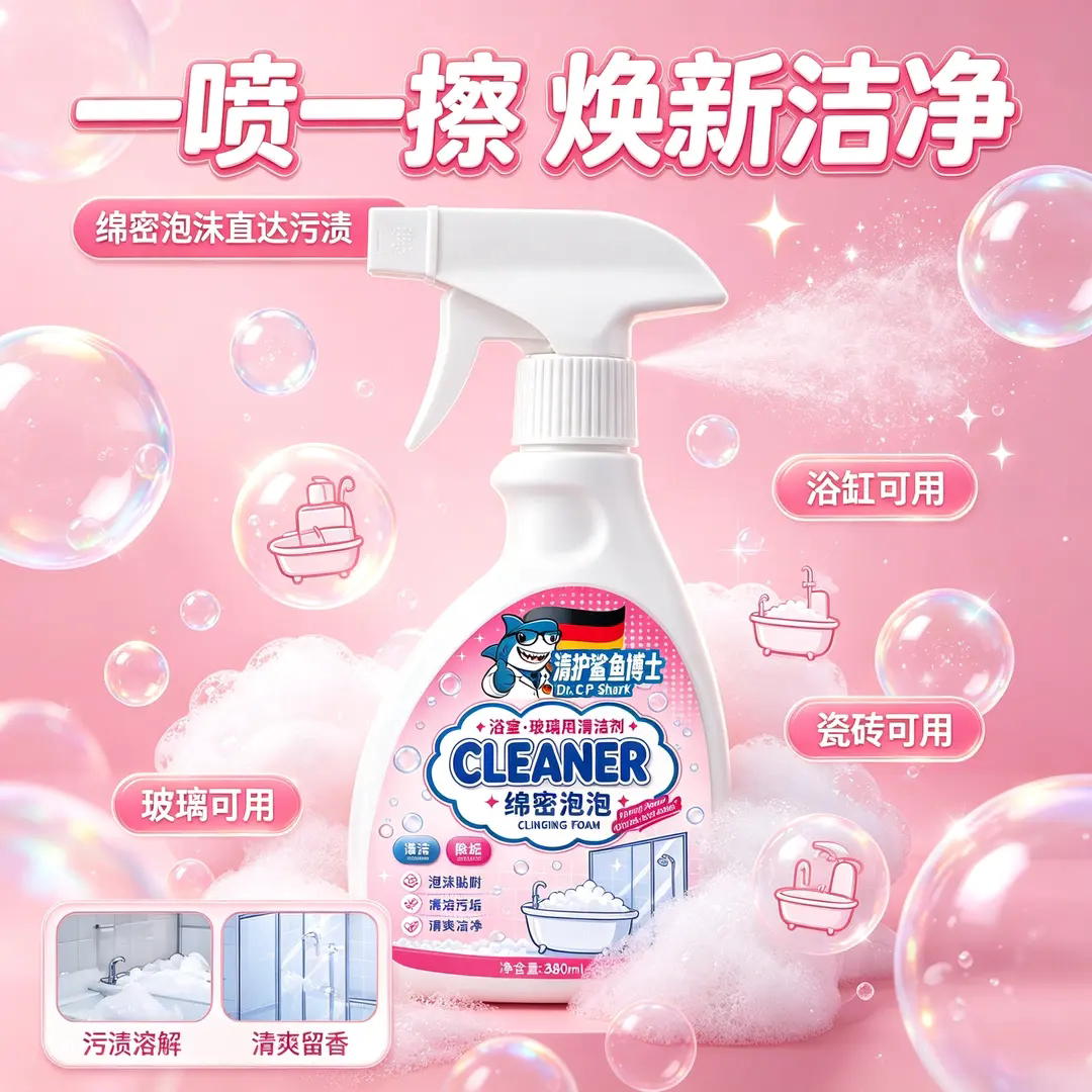 清护鲨鱼博土绵密泡泡家用浴室玻璃除水渍污垢清洁剂去污除菌清洗