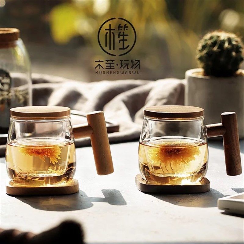茶杯花茶杯水杯喝茶玻璃杯女办公室杯子茶水分离泡茶杯带木盖过滤