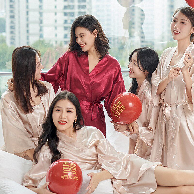 2022新款闺蜜性感婚礼晨袍女新娘伴娘结婚睡衣浴袍红色女夏季短袖