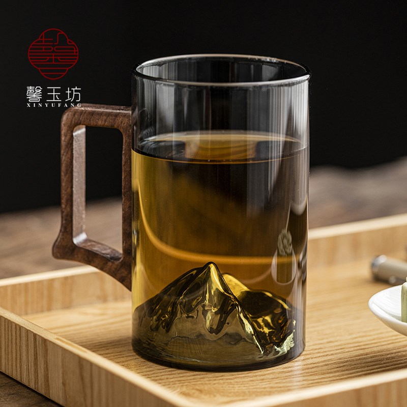 高档耐高温玻璃水杯观山胡桃木把手个人专用茶杯男士办公喝水杯子