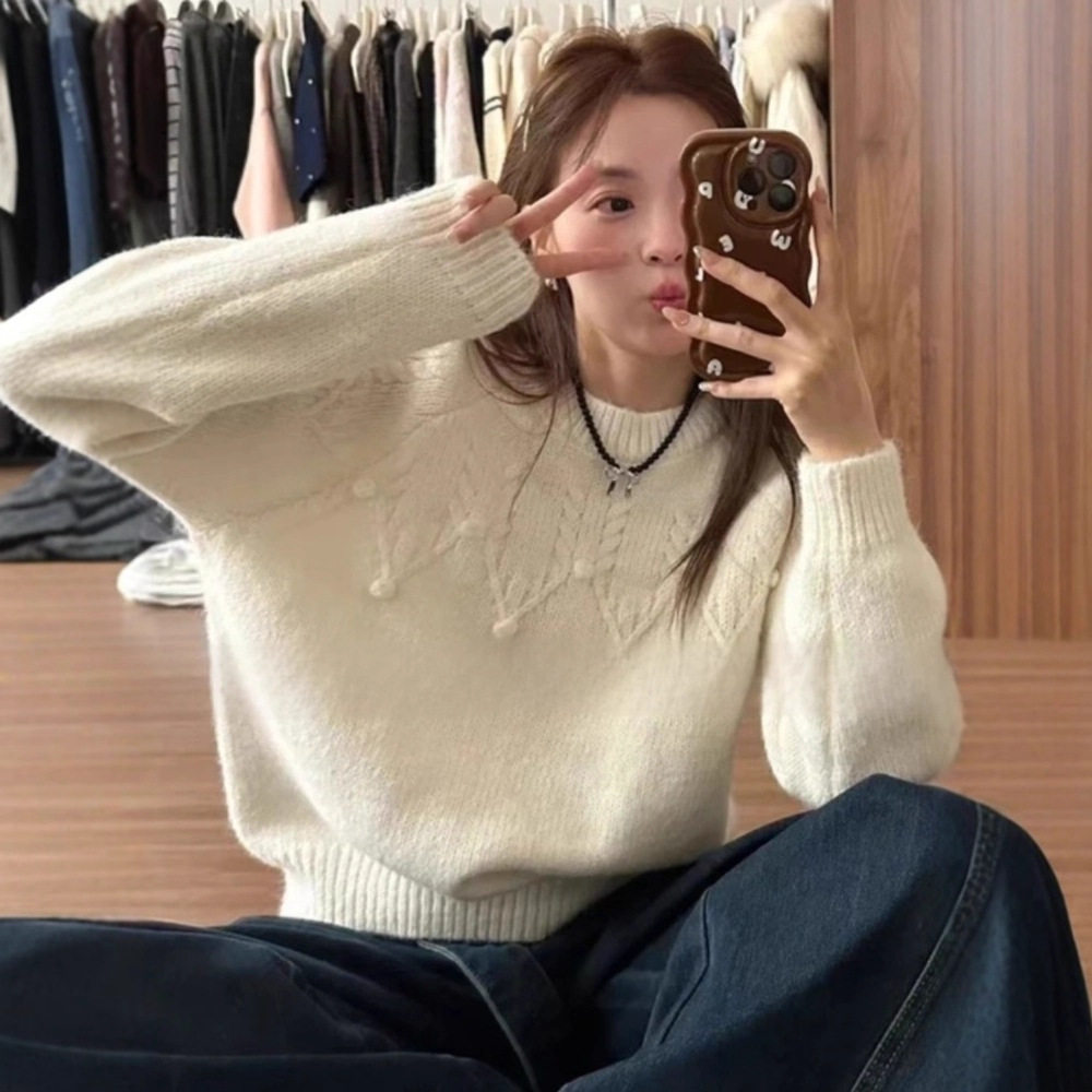 超好看白色马海毛秋毛衣女款2026新款秋季宽松慵懒风针织衫上衣