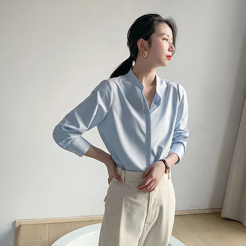蓝色立领衬衫女高级感职业装干练气质女装轻奢工作服长袖打底内搭