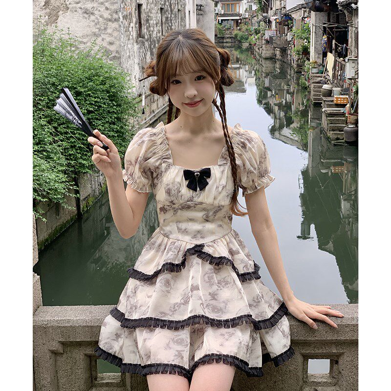 东京岁时记JK大理石玫瑰法式复古高级感碎花连衣裙夏季收腰公主裙