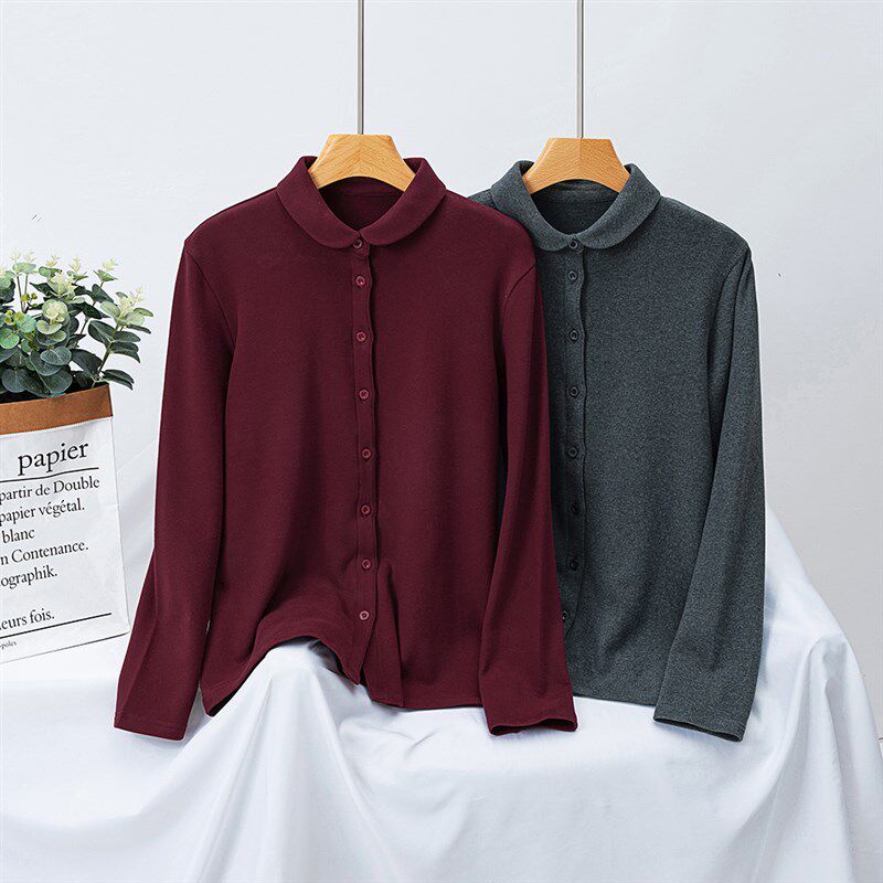300g秋冬加厚小圆领纯棉磨毛打底衬衫女长袖娃娃领保暖弹力绒衬衣