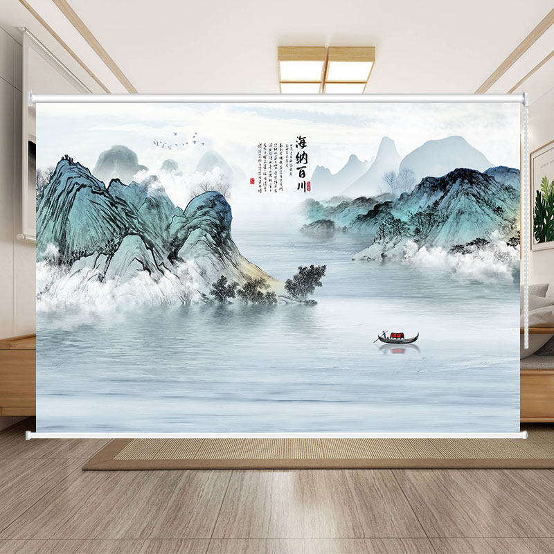 定制中式水墨山水画窗帘办公室茶舍风景挂画隔断遮阳防晒拉珠卷帘
