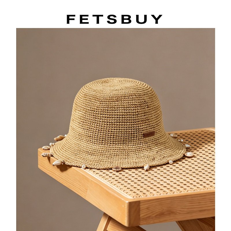 Fetsbuy 精细拉菲草帽圆顶显脸小编织盆帽民族风贝壳装饰渔夫帽女