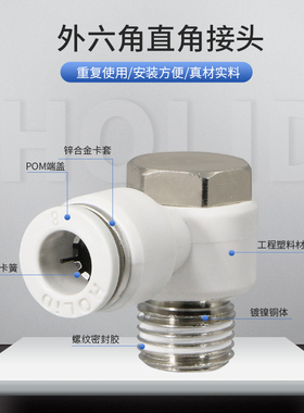 白色塑料快速气动接头外六角直角PH4/6/8-01/2/3/4/M5气动配件