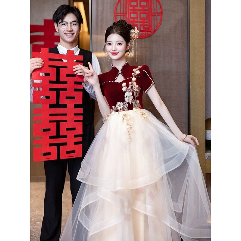 2026新款红色敬酒服新娘结婚孕妇回门便装感订婚礼服裙婚纱大
