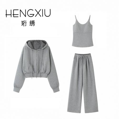 【专柜大清仓】珩绣帽灰色卫衣吊带阔腿裤套装女三件套A-861