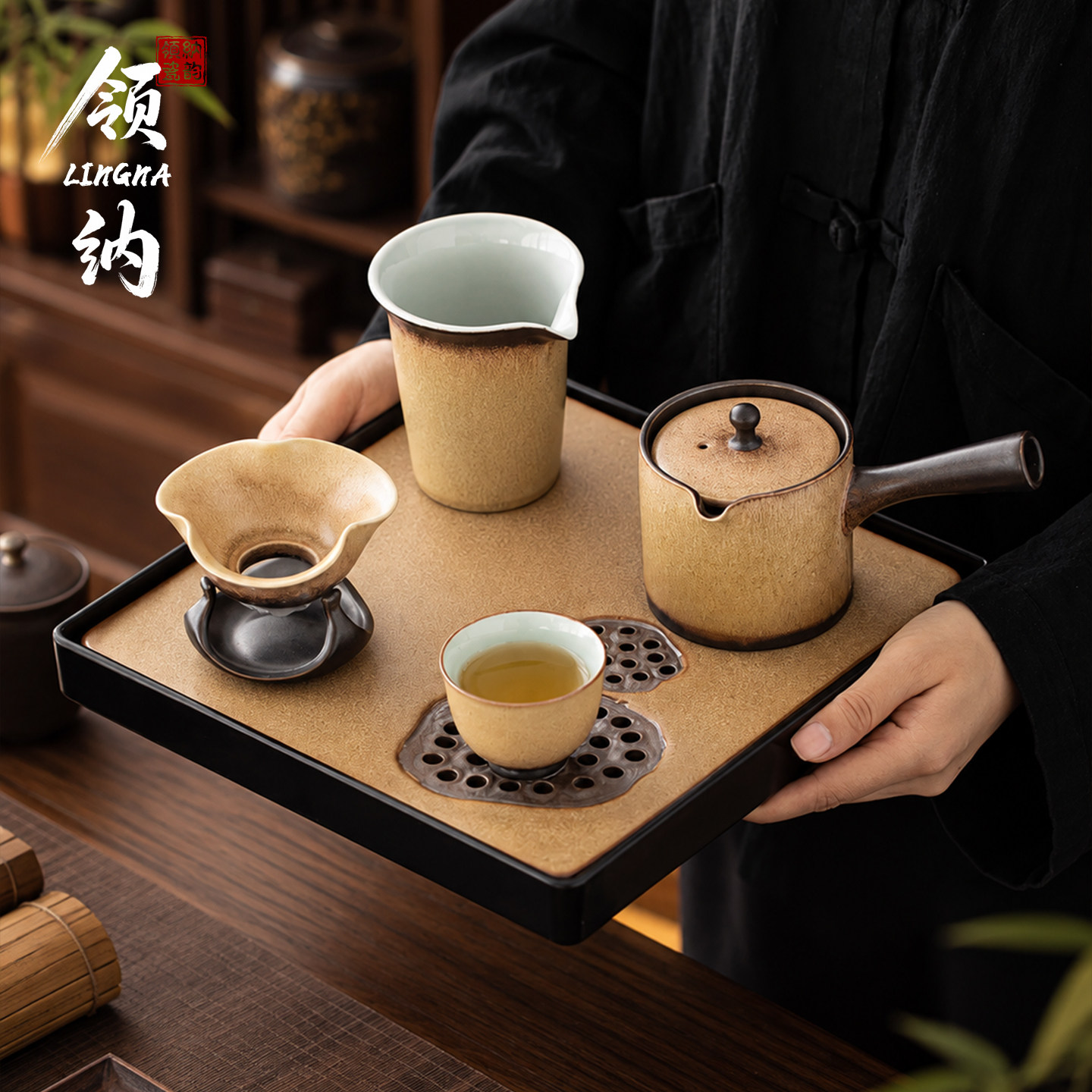 窑变釉陶瓷侧把壶功夫茶具小套装家用简约储水干泡茶盘茶杯整套