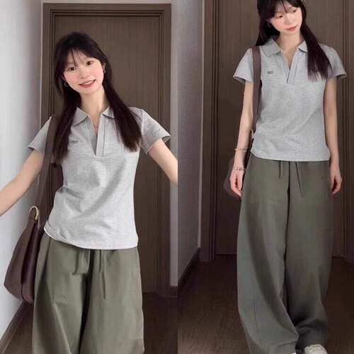 美式复古灰色V领短袖POLO衫女