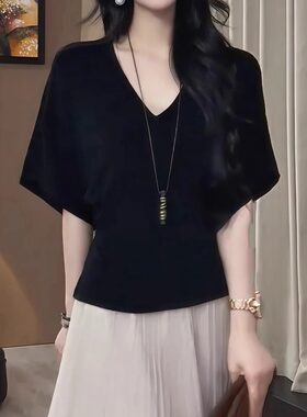 夏季纯欲V领蝙蝠袖显瘦女T恤