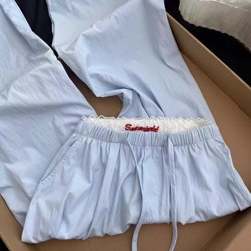 韩版蓝色高腰芭蕾风阔腿裤女春夏