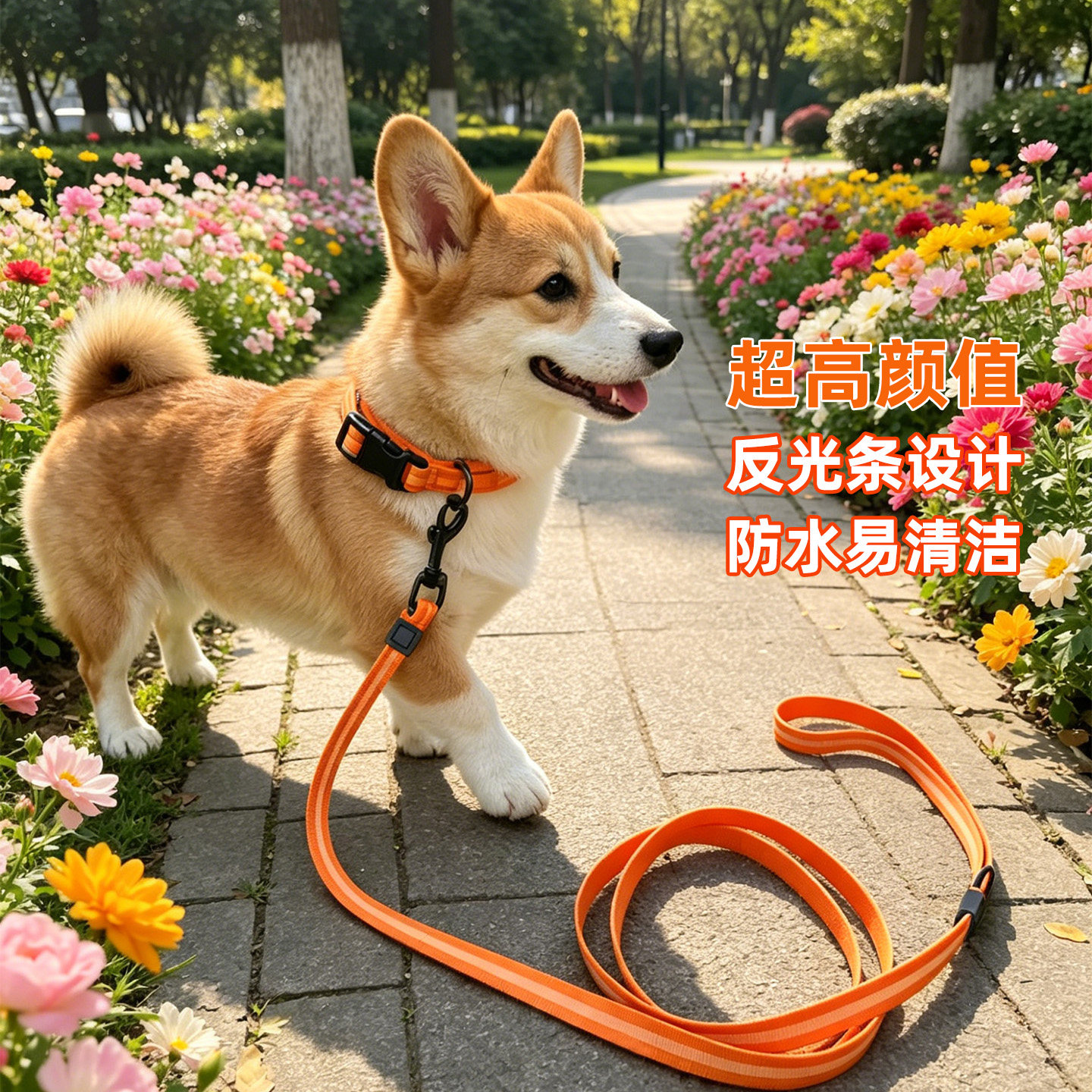 夏季新款狗狗反光牵引绳项圈套装防水耐脏易清洁超大反光条小中犬
