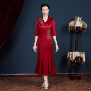 2026新款妈妈装婚礼改良旗袍礼服春秋喜婆婆婚宴装连衣裙
