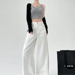 宽松裤 棕色覆古白色高腰阔腿女士牛仔裤 直筒裤 及地裤 宽松休闲修身