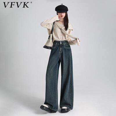 vfvk夏天牛仔裤女夏薄款加长2025新款设计感裤子女双扣高腰阔腿裤