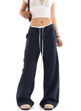 0123Start 拼接双腰头假两件条纹西装裤男女宽松美式复古休闲裤潮