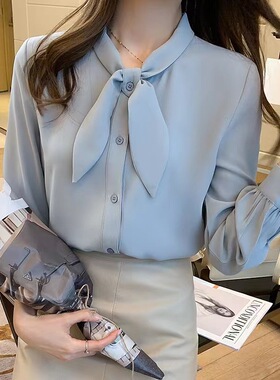 2025春秋新款雪纺衬衫女长袖气质设计感小众兔耳领结职业蓝色衬衣